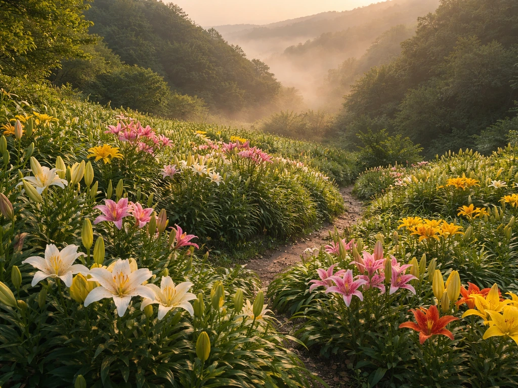 Golden-hour view of a misty valley garden with lily-like blooms thriving in the lower microclimate.
