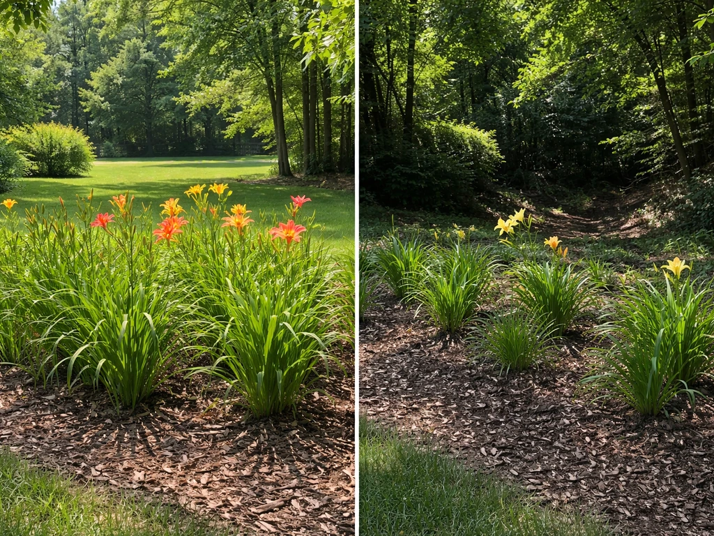 Side-by-side garden beds showing sunny lily area versus shaded valley area with fewer flowers.