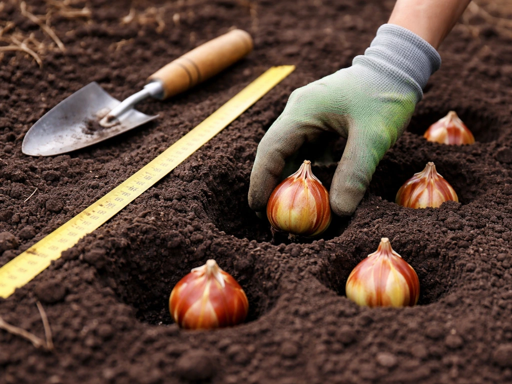 Gloved hand placing lily bulb at proper depth in prepared soil with measuring tape beside evenly spaced holes.