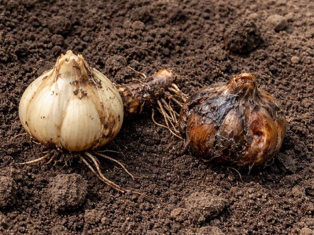 Excavated lily bulbs in soil showing healthy bulb beside a mushy rotting bulb