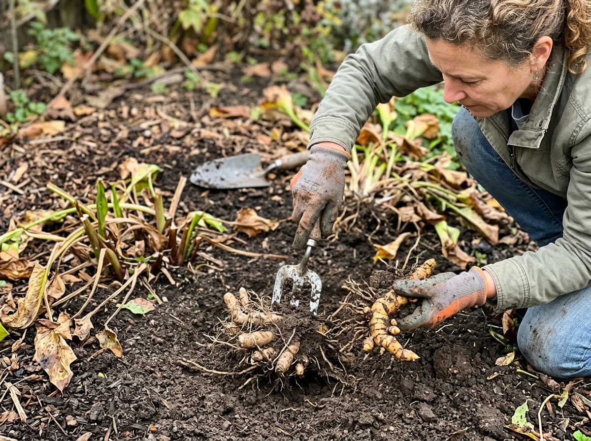 Garden fork digging up calla lily rhizomes after foliage dies back