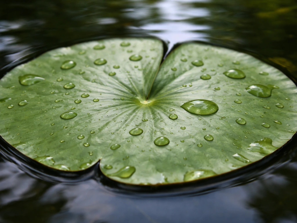 Close-up of a true water lily leaf floating on a pond with water droplets and soft reflections.