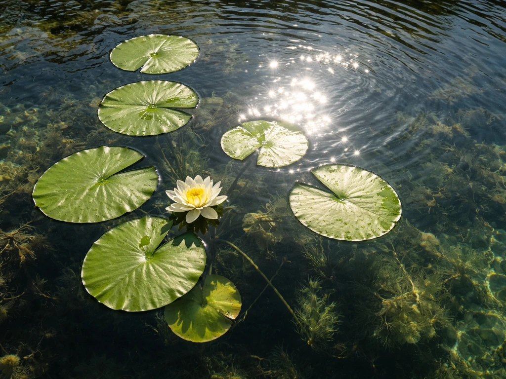 Top-down view of thriving water lily pads on clear water with a bright direct-sun patch and sun rays.