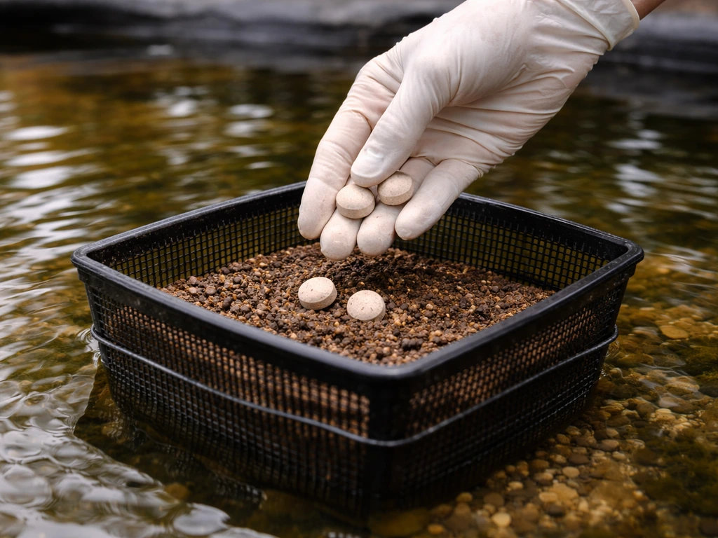 Slow-release fertilizer tablets being placed in an aquatic planting basket for water lilies