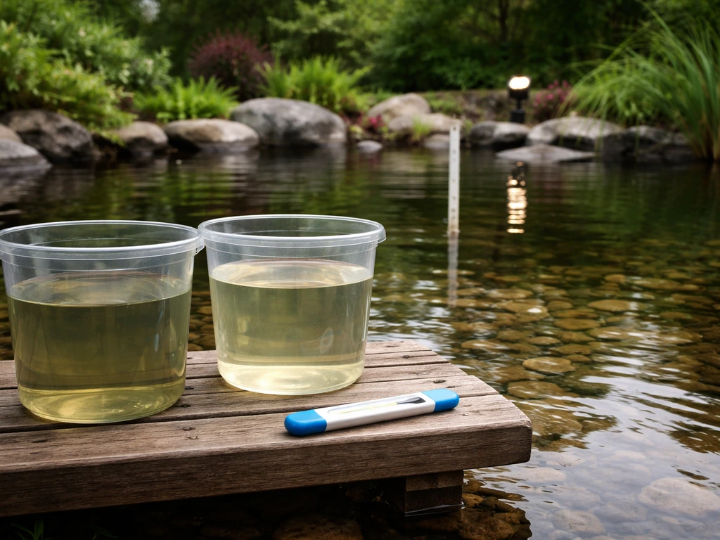 Backyard pond with empty water surface; beside it, buckets of pond water and a thermometer for lily pad troubleshooting