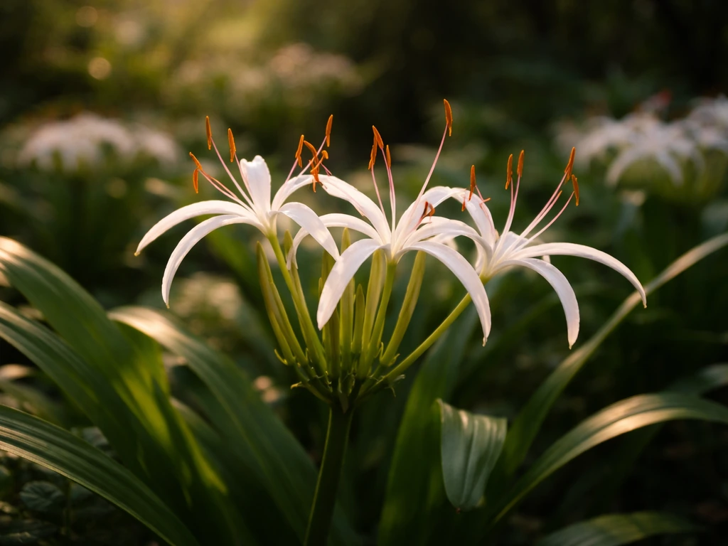 Dramatic late-summer spider lily blossoms with long spidery petals over lush green foliage