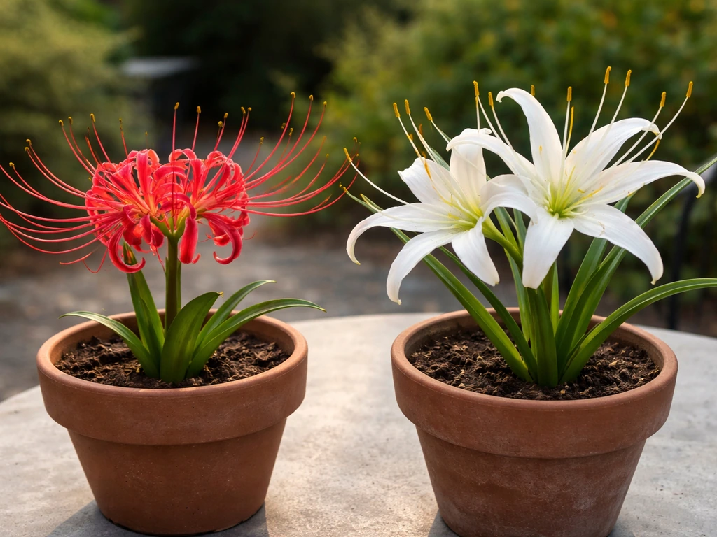 Close-up of two potted flowering spider lily look-alikes with different petal shapes on a patio table