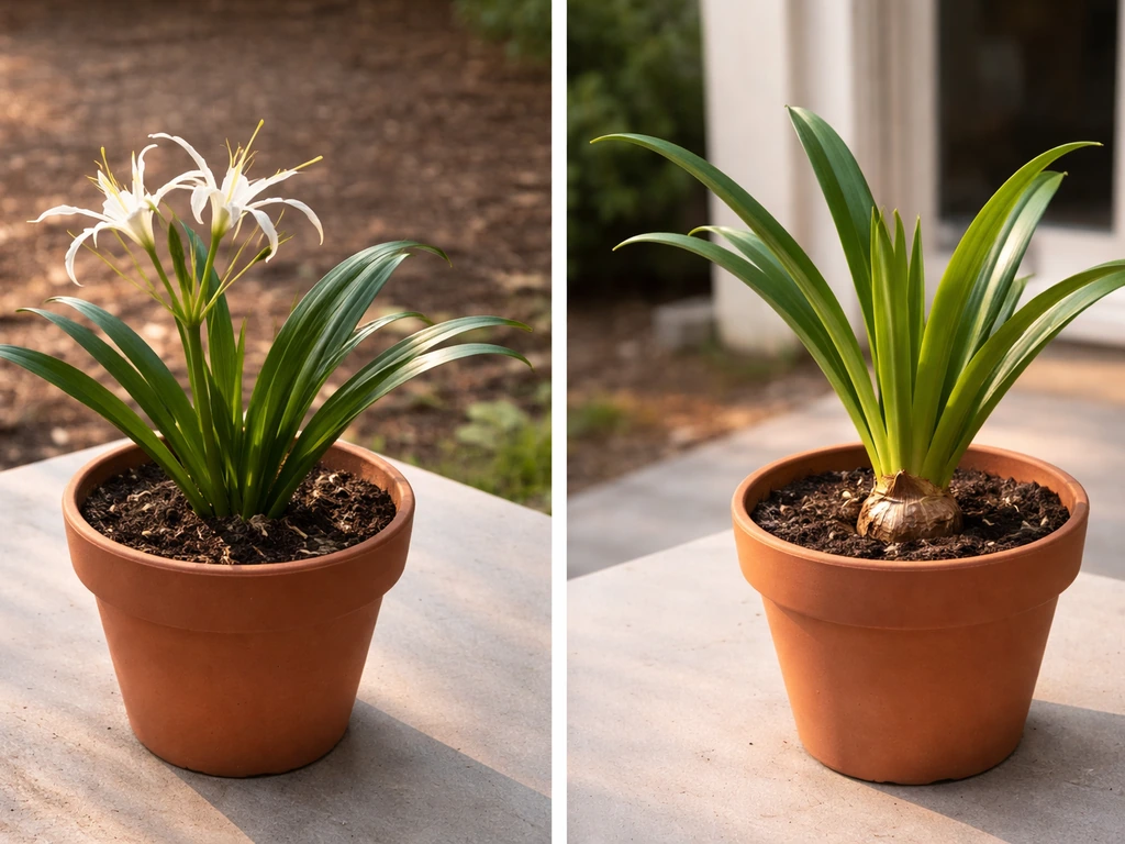 Two potted bulbs side-by-side: one near outdoor late-summer blooms, one indoors under soft light with fresh leaves.