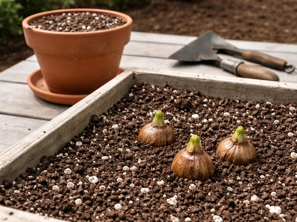 Close-up of bulbs planted in a well-draining soil mix with a pot’s drainage holes and saucer underneath.