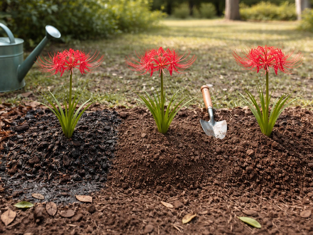 Spider lily garden bed showing wet soil, too-deep planting, and corrected shallow planting in one frame.