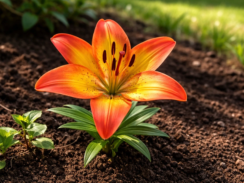 Close-up of a vibrant Asiatic lily blooming in a sunny garden bed with healthy soil and drainage.