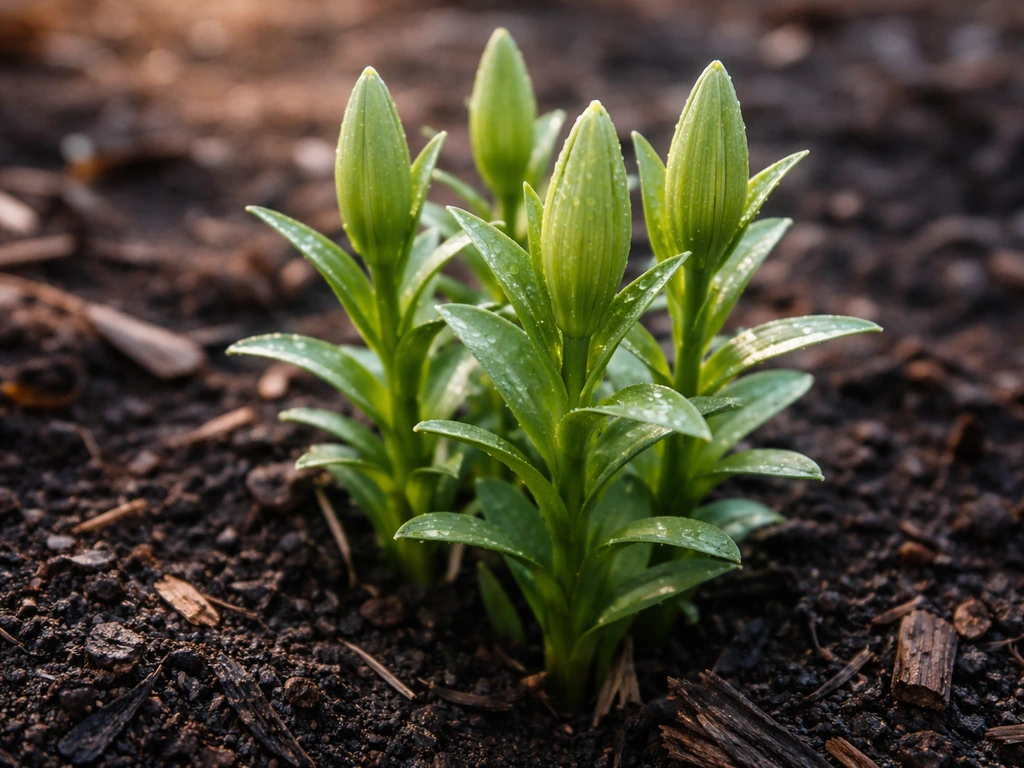 Healthy Asiatic lily shoots emerging from moist soil in soft natural morning light.