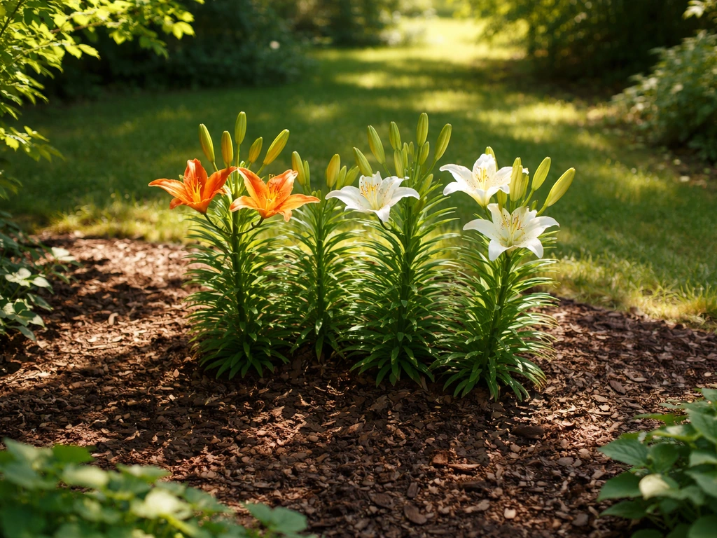 Sunlit flower bed with lilies, with one edge in partial shade from a nearby tree.