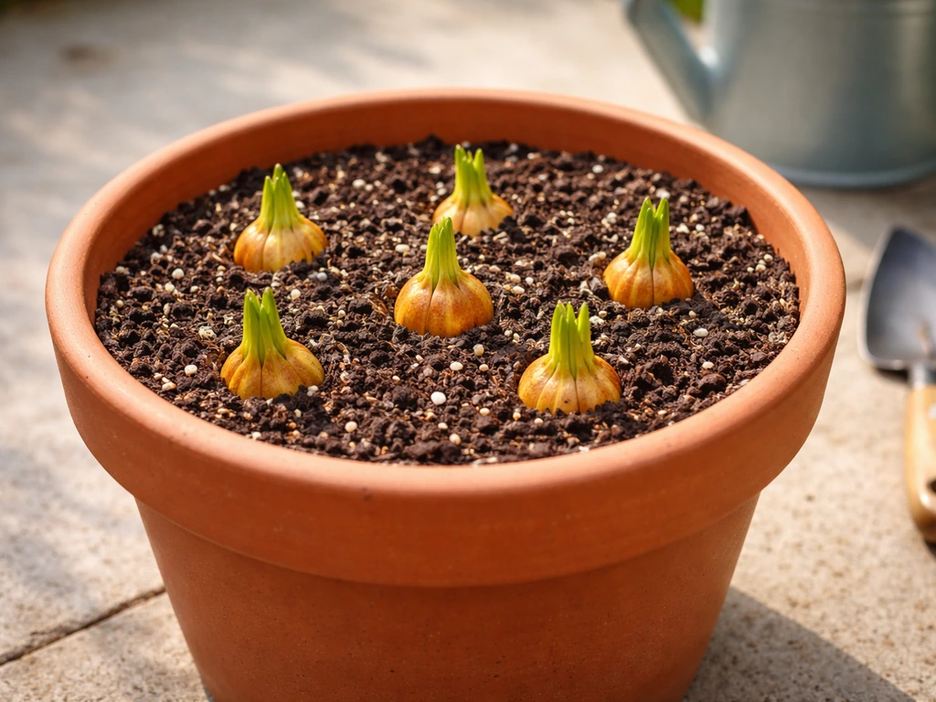 Terracotta pot with drainage holes filled with well-draining mix and planted Asiatic lily bulbs.