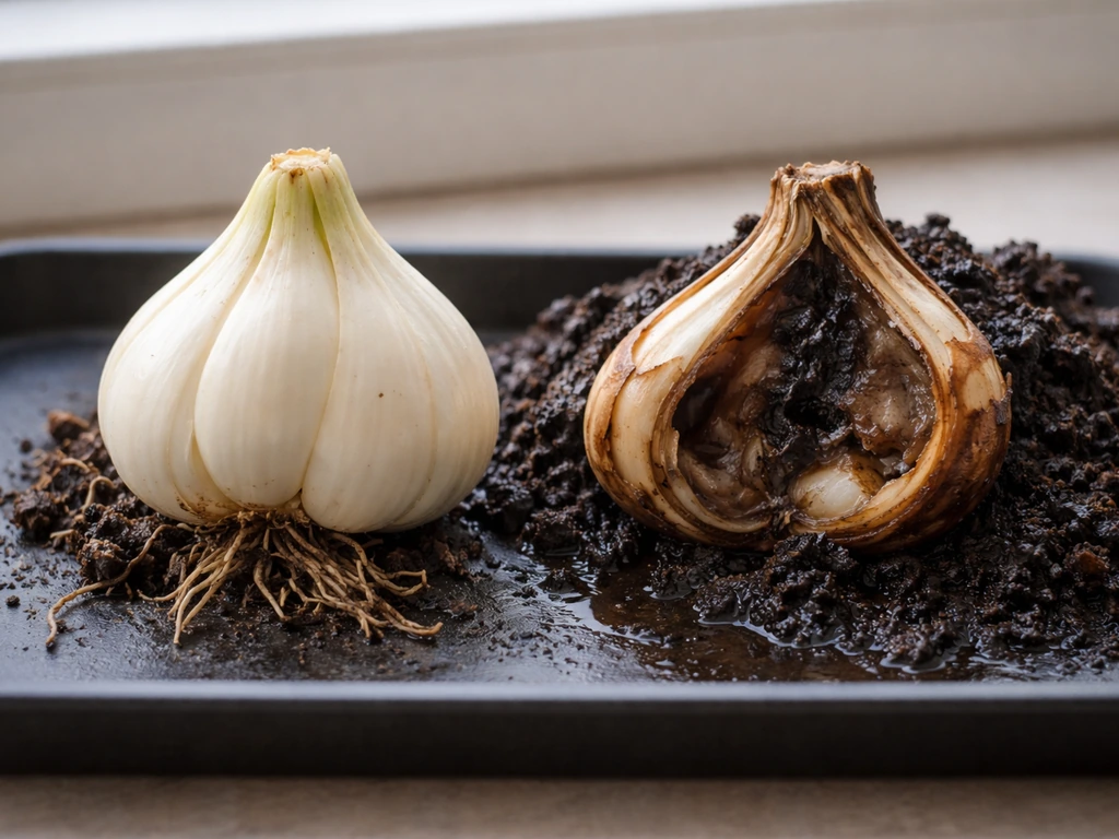 Fresh white lily bulb beside a cut rotted bulb with dark mushy interior on damp soil.