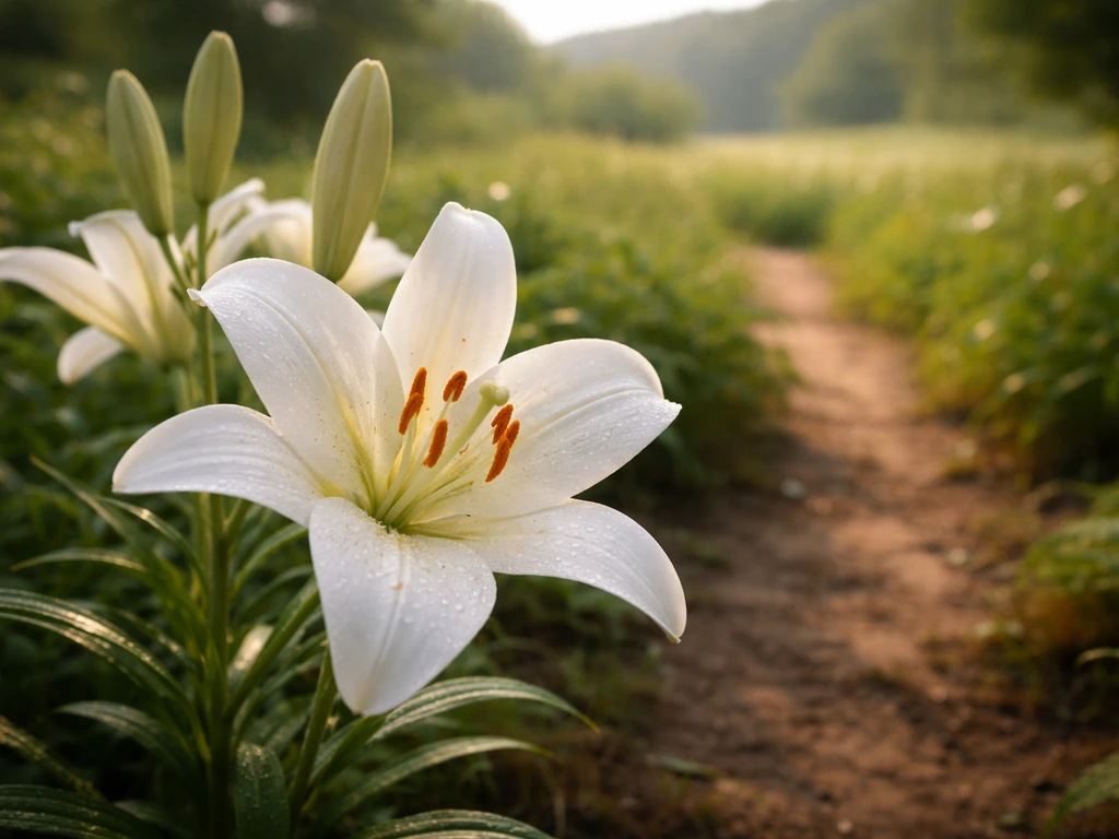 Close-up of white lilies blooming in a sunlit pastoral garden with soft green background.