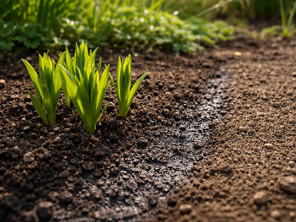 Sunlit garden soil with a wet-to-dry drainage clue and lily-like stems emerging in a minimal bed