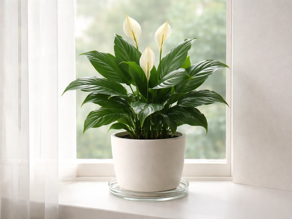 Healthy peace lily in a pot with a visible drainage saucer setup under soft indirect light.