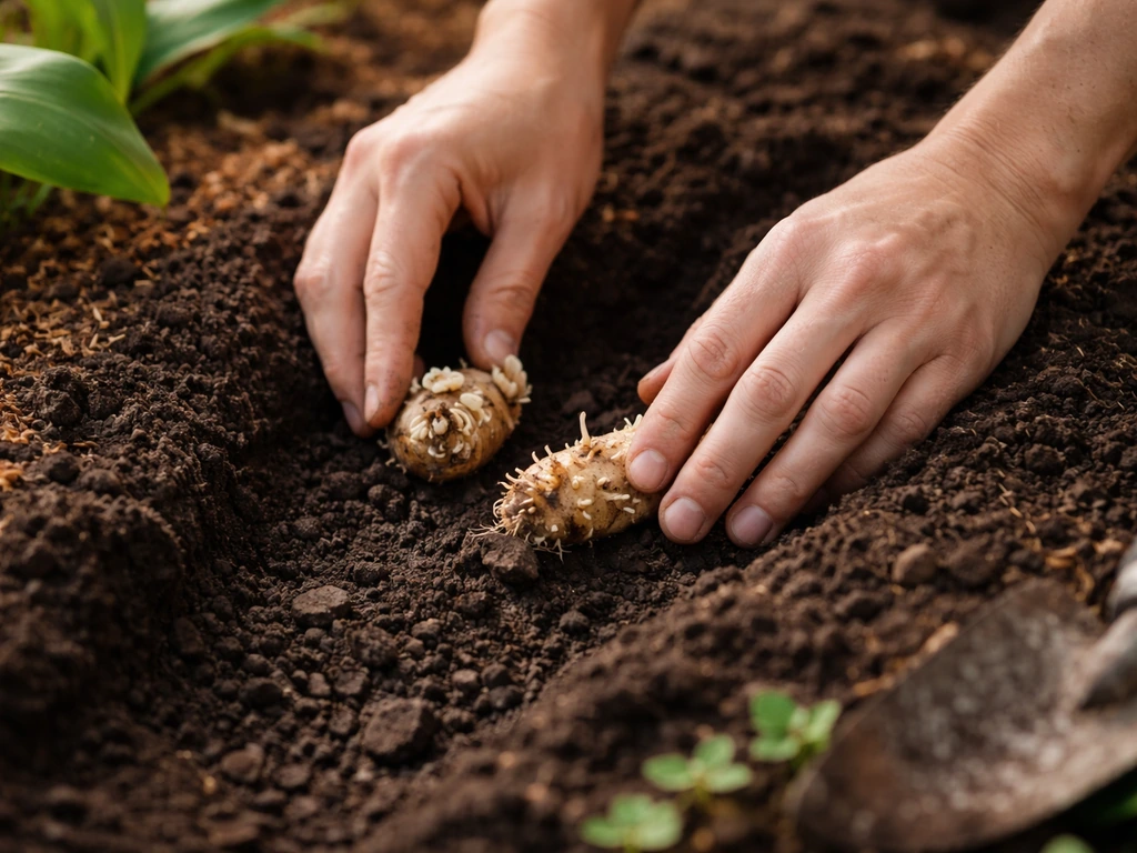 Close-up of hands placing calla lily rhizomes into soil in a prepared garden bed, minimal natural setting.