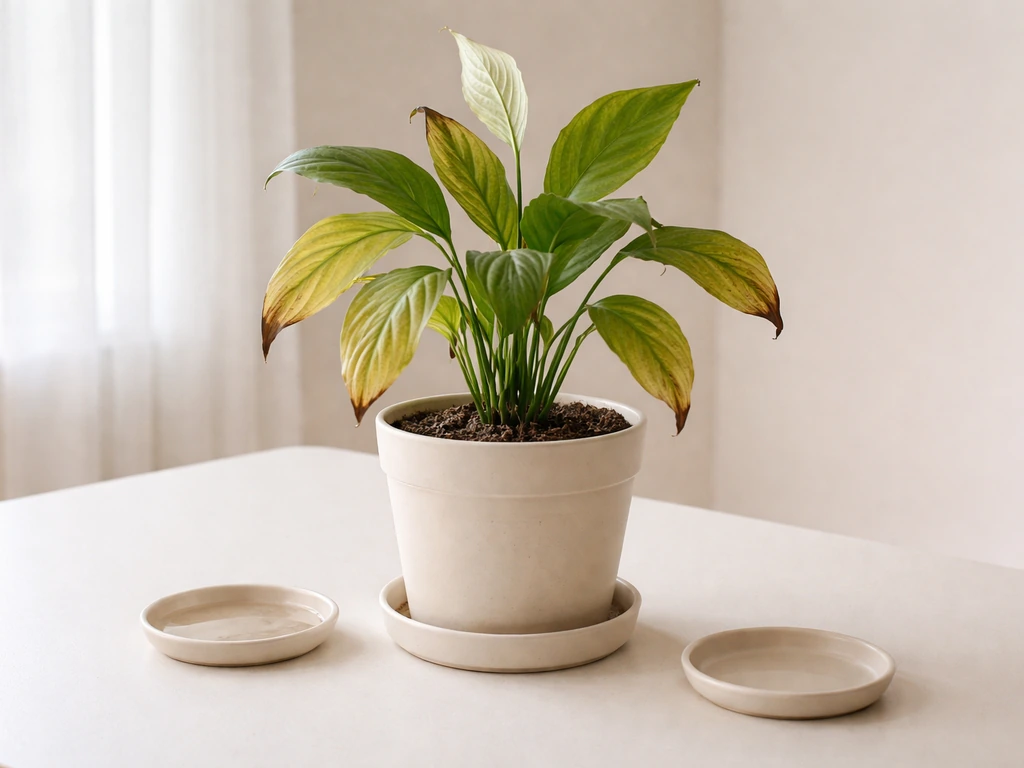 Peace lily with yellow leaves near a pot draining setup and a dry, well-drained saucer for comparison