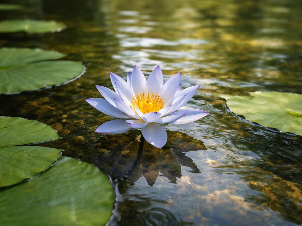 Blue lotus bloom floating on clear warm freshwater with a few green leaves and gentle ripples