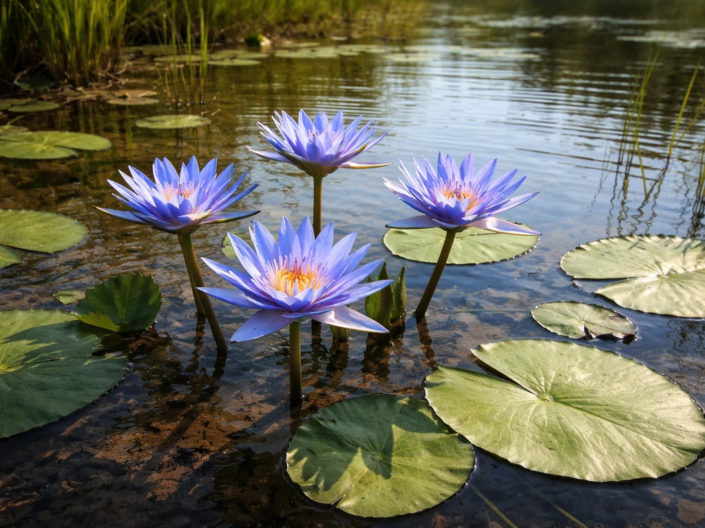 Blue lotus-like water lily flowers on a warm, sunny freshwater wetland with reflections