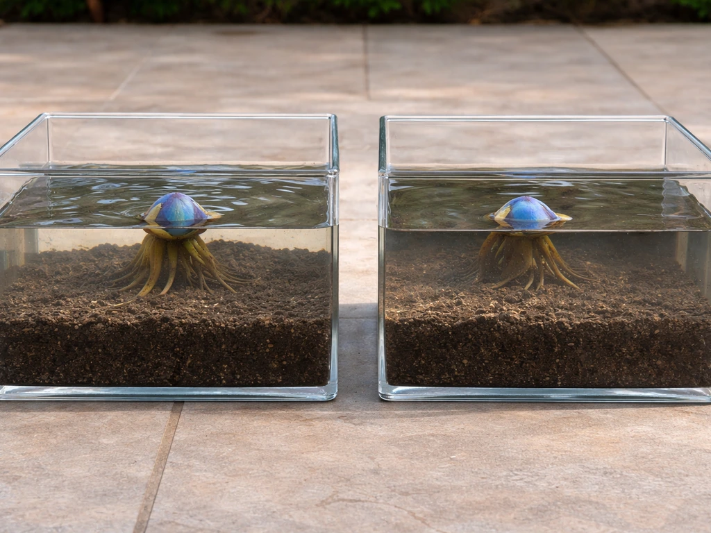 Two side-by-side containers showing blue lotus rhizomes in aquatic sediment with different water depths.