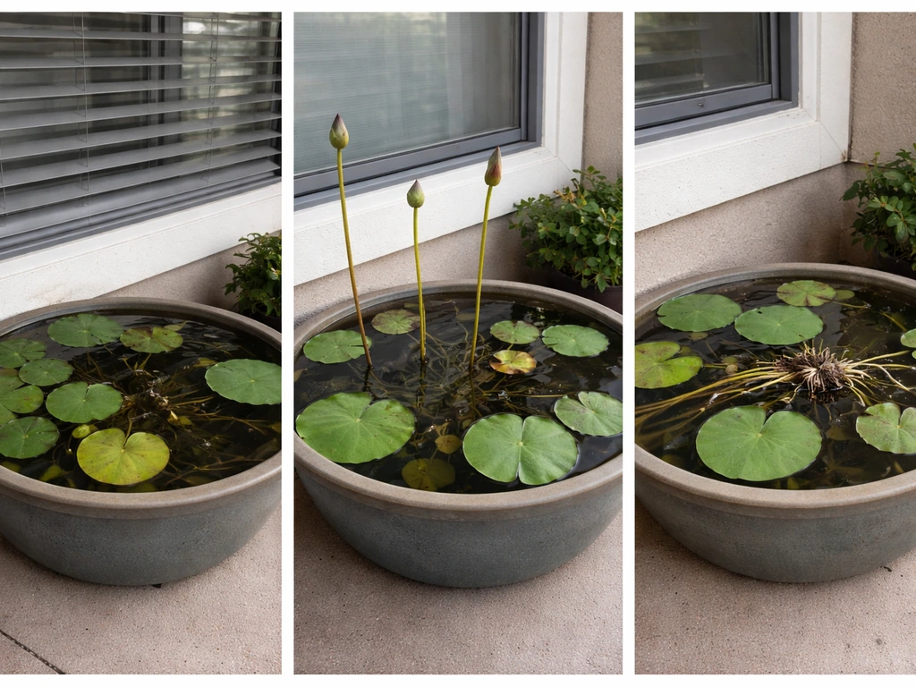 Three side-by-side photos of blue lotus setups showing limited sun, cool water, and incorrect rhizome depth.