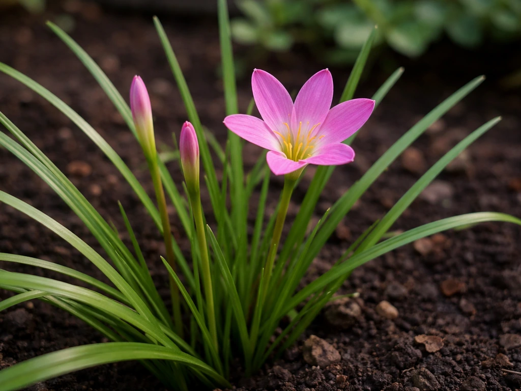 Rain lilies in bloom with strap-like leaves and a fresh flower spike in a small garden bed.