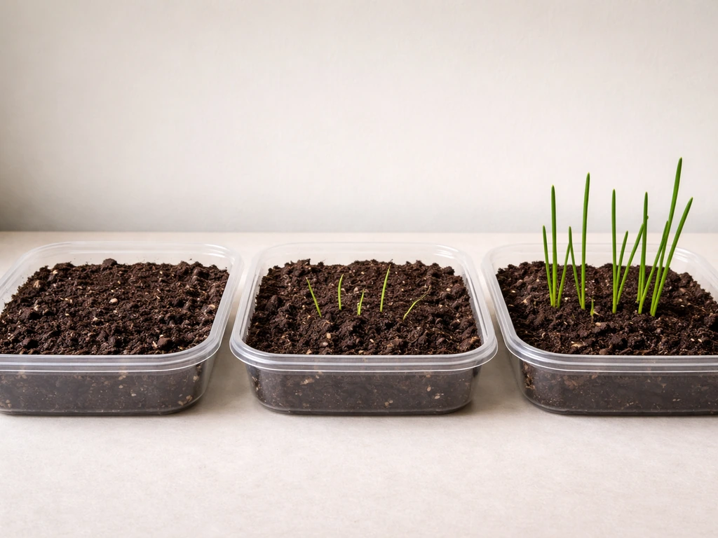Three trays show a rain lily bulb planted, then sprouting tips, then first emerging foliage.