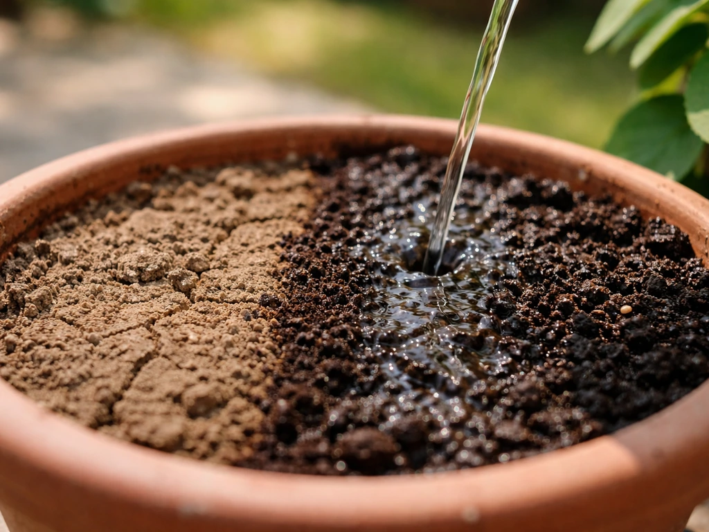 Close-up of dry cracked soil changing to dark moist soil as water pours gently into a pot.