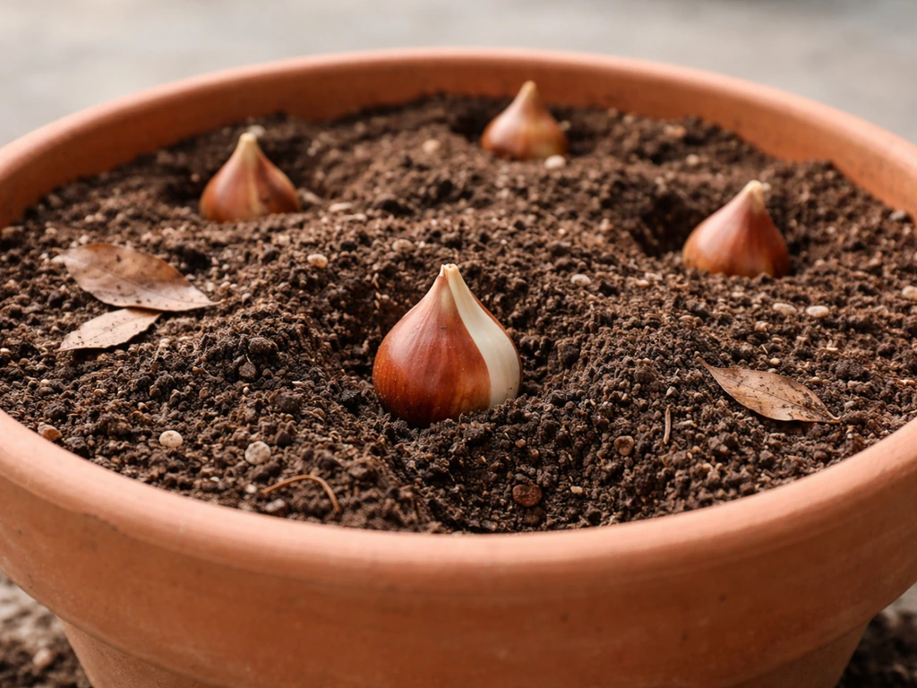 Tulip bulb partially seated in loose potting soil, showing spacing and well-draining layers.