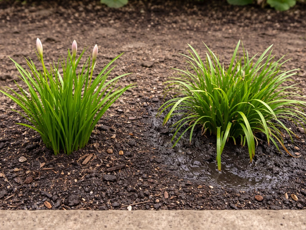 Two rain lilies in a simple garden bed: one lush and blooming, one overly wet and struggling with no buds.