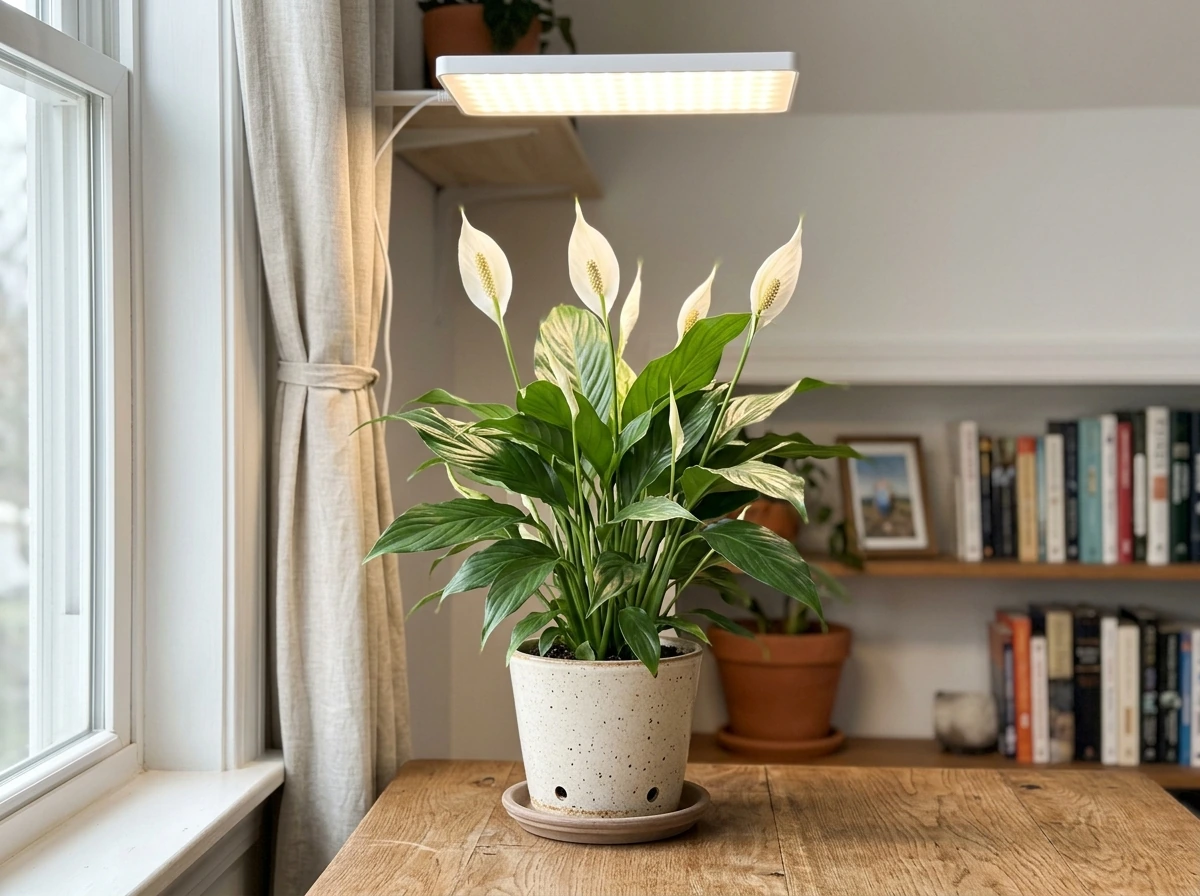 Peace lily indoors under a full-spectrum grow light panel