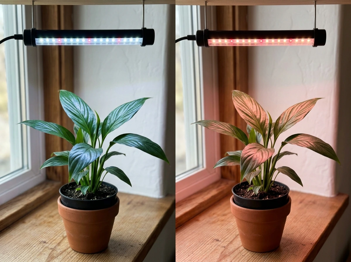 Two peace lilies under different LED spectrums showing color tint