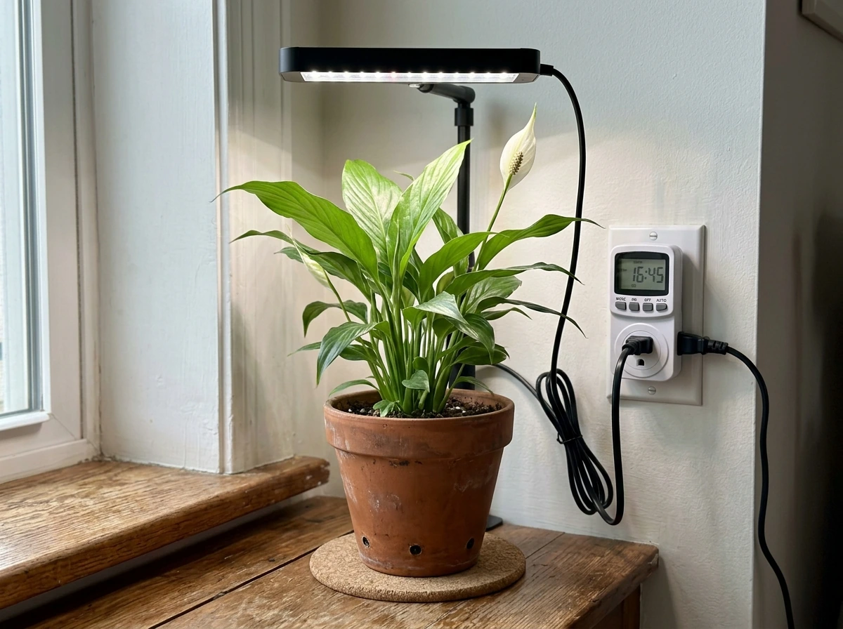 Digital outlet timer controlling the grow light above a peace lily