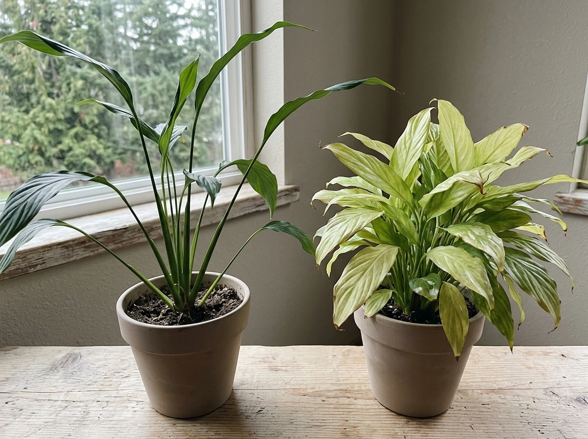 Side-by-side peace lilies showing signs of too little and too much light