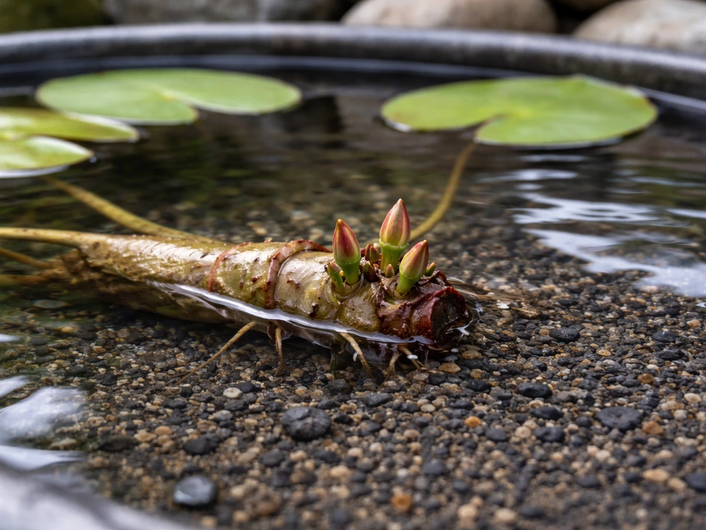 Water lily rhizome anchored in inert gravel beneath clear pond water, with new growth emerging.
