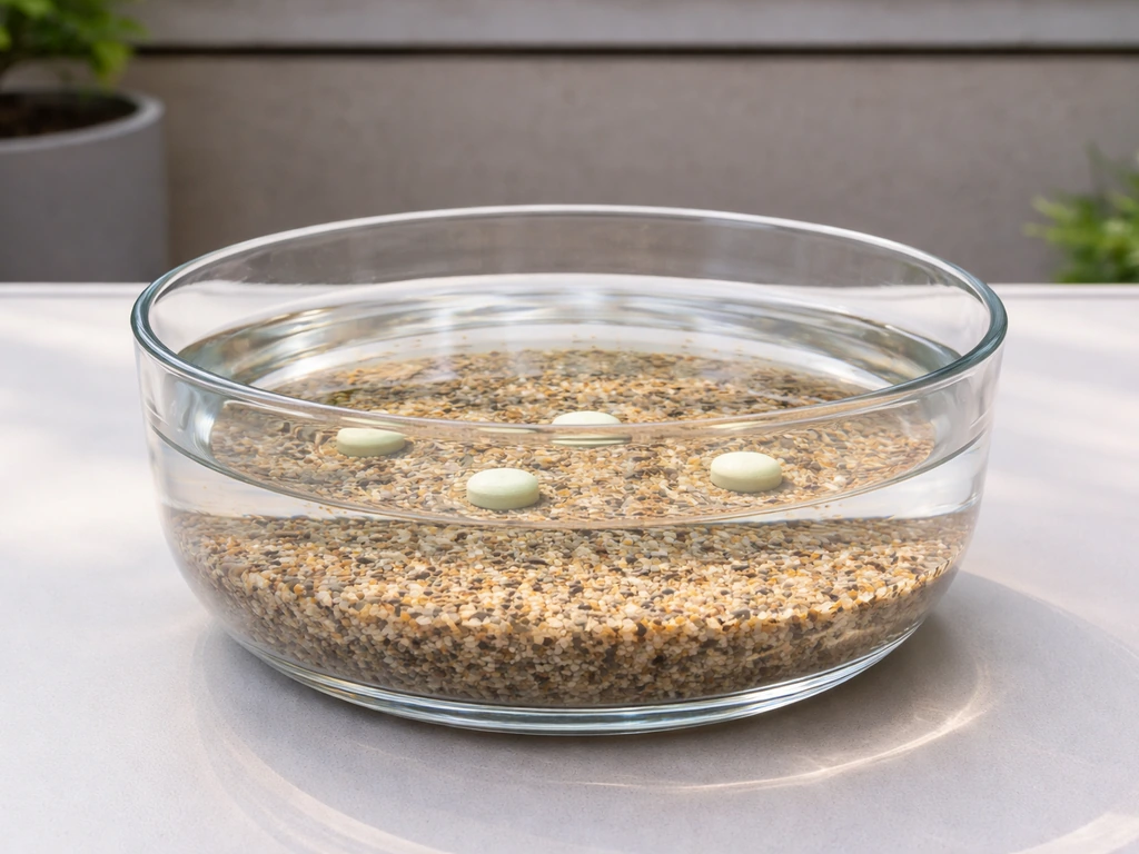 Aquatic plant setup in a non-draining bowl with gravel, sand, and water lily fertilizer tablets