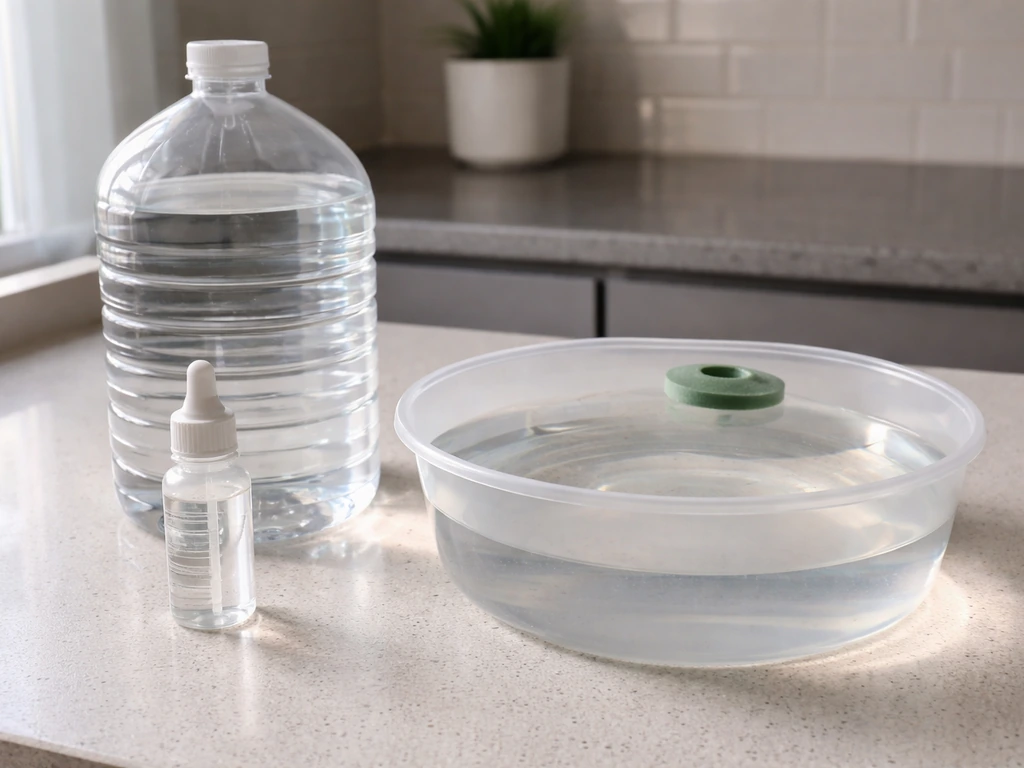 Clear jug of dechlorinated water and a dechlorinator bottle beside a shallow bowl filled to depth.