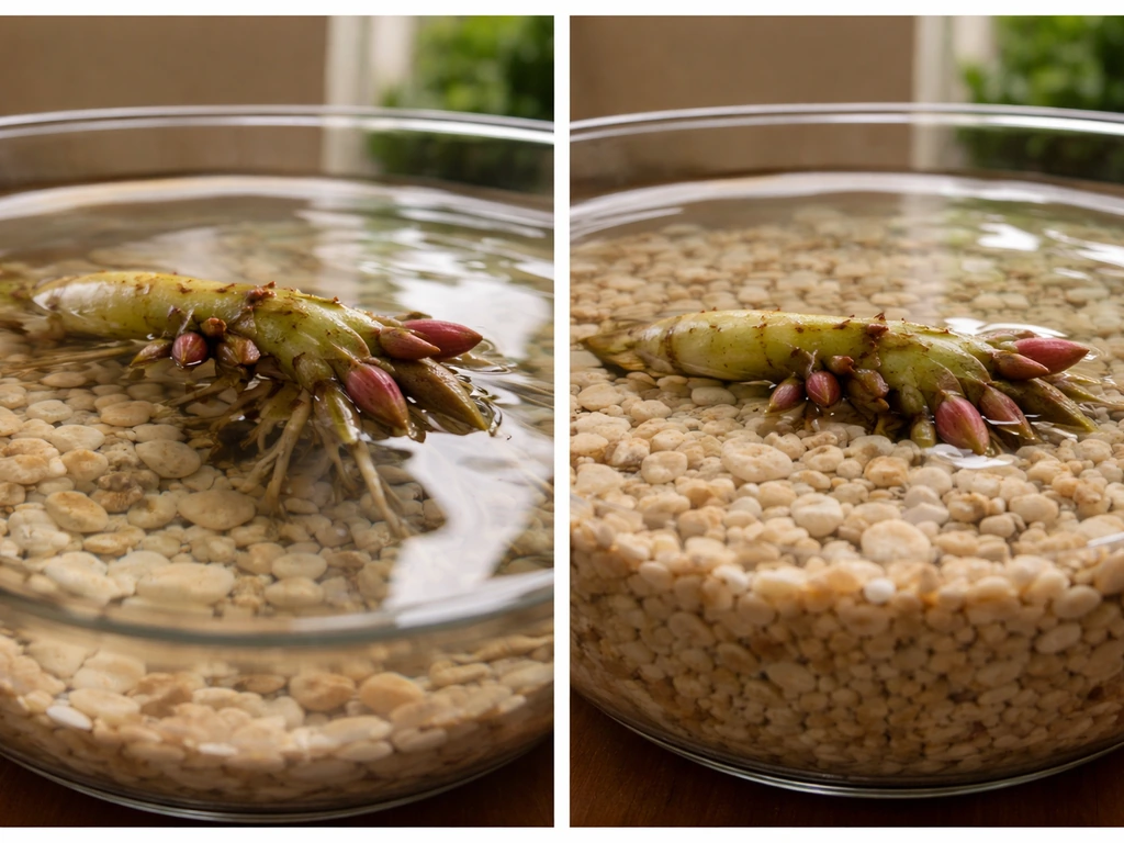 Close-up of water lily rhizome: one floating over loose gravel, one anchored under tightly packed gravel.