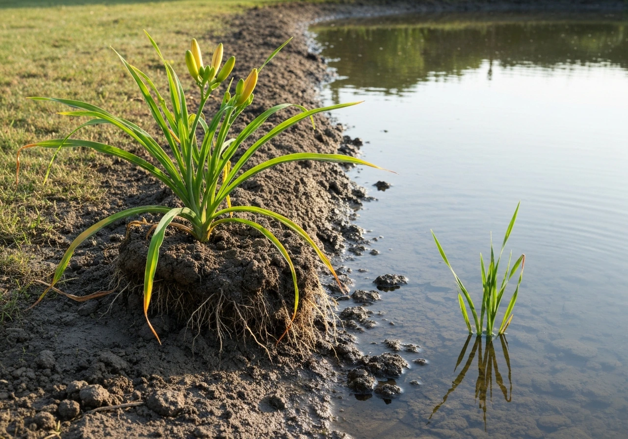 Daylilies in pots planted above a pond edge, with a contrasting splash zone showing standing water risk.