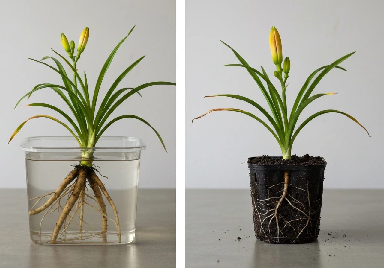 Side-by-side daylily roots: left in standing water, right in consistently moist draining soil.