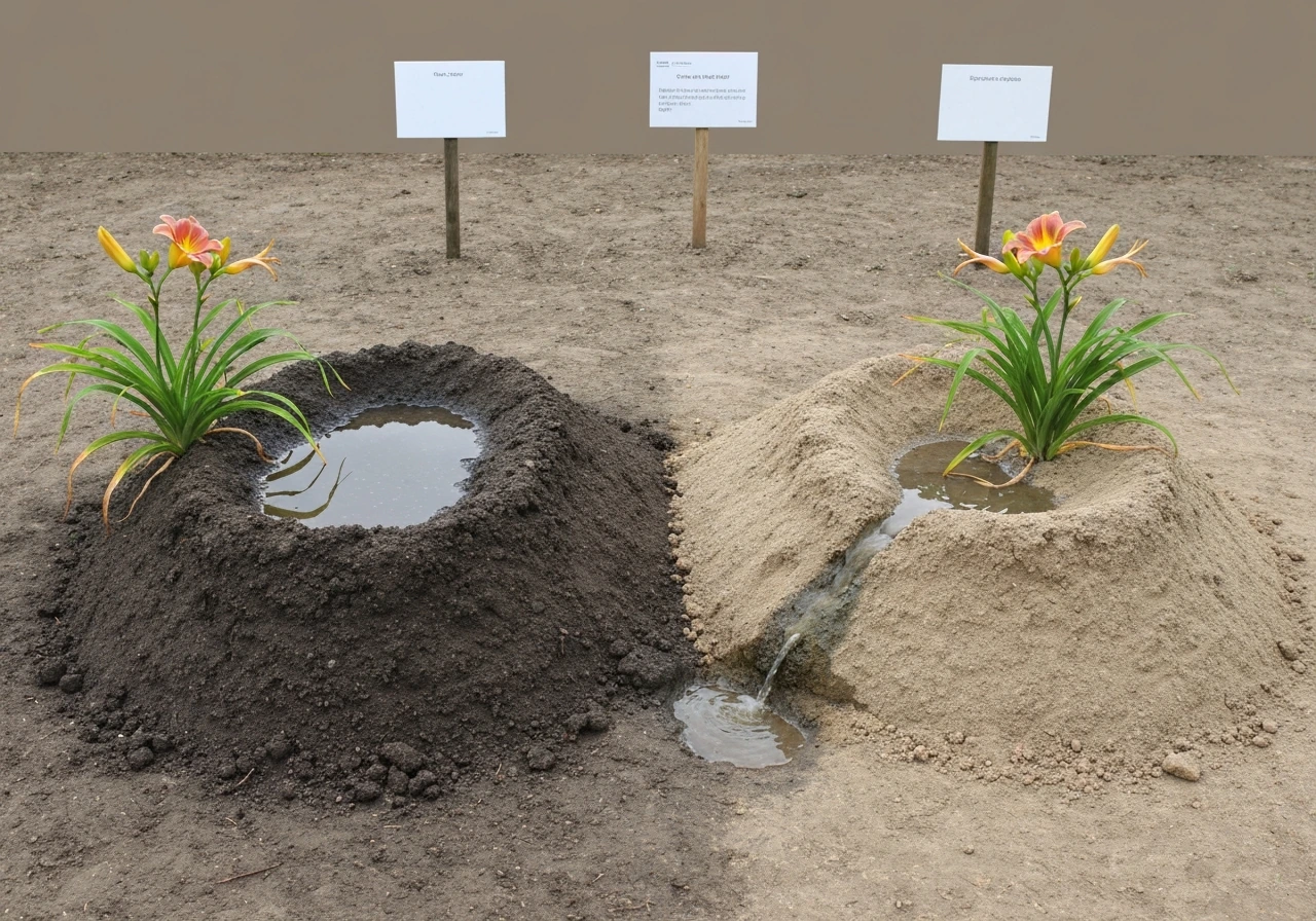 Side-by-side garden soil mounds showing waterlogging in clay vs faster drainage in sandy soil for daylilies.