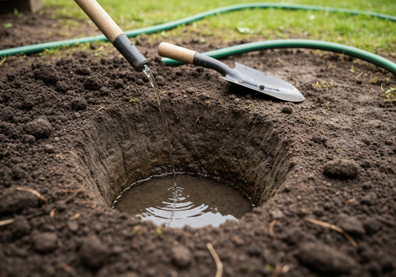 Close view of a soil drainage test hole filled with water, showing how fast it soaks in.