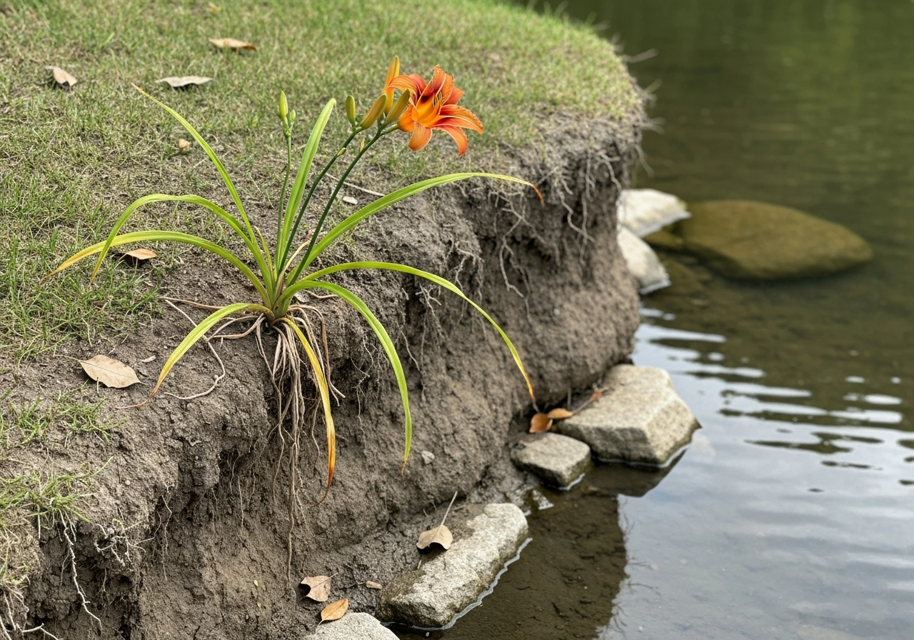 Daylily blooming on a raised bank above a pond, roots out of standing water