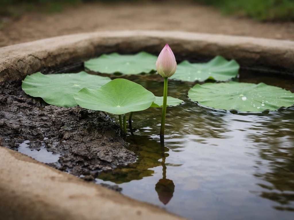 Lotus plant rooted in a shallow mud bed with a few leaves emerging above still water.
