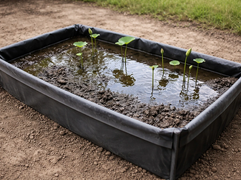 Rectangular tub filled with muddy bottom and shallow standing water, with lotus stems emerging.