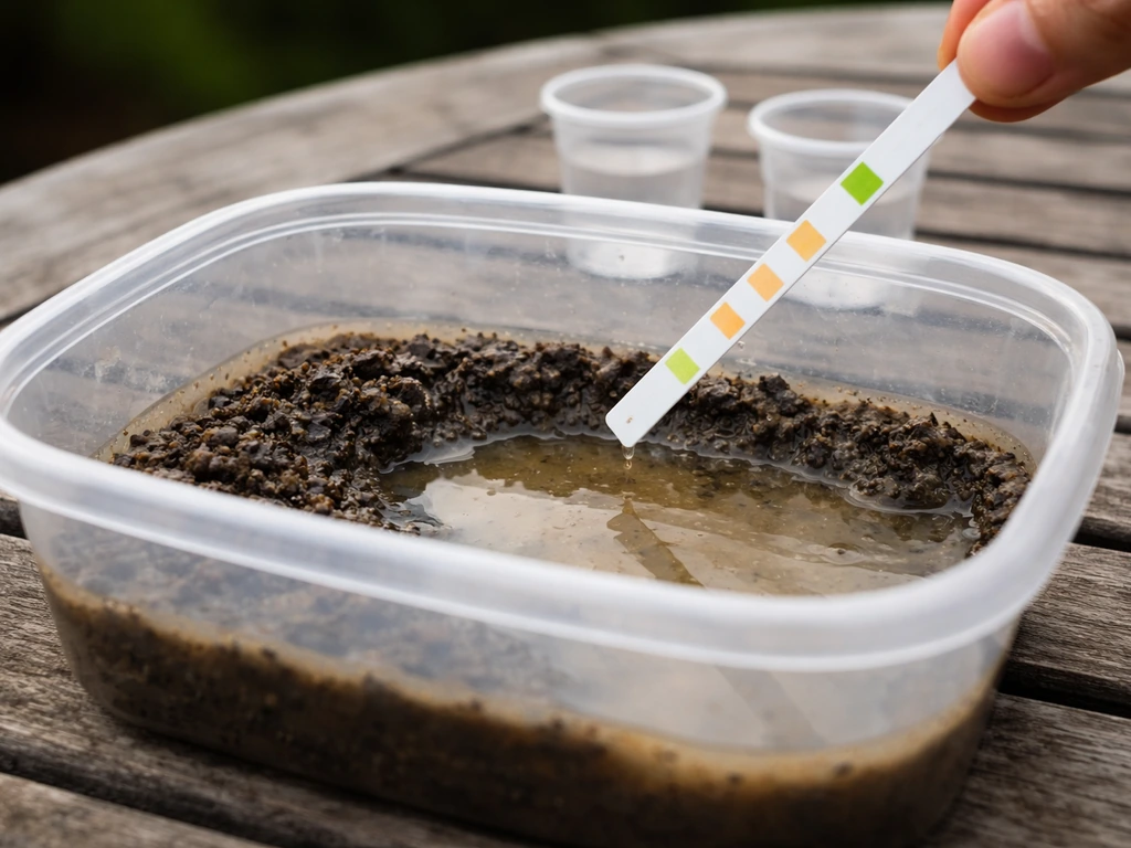 Close view of a container with dark pond loam and water, pH test strip being dipped above it