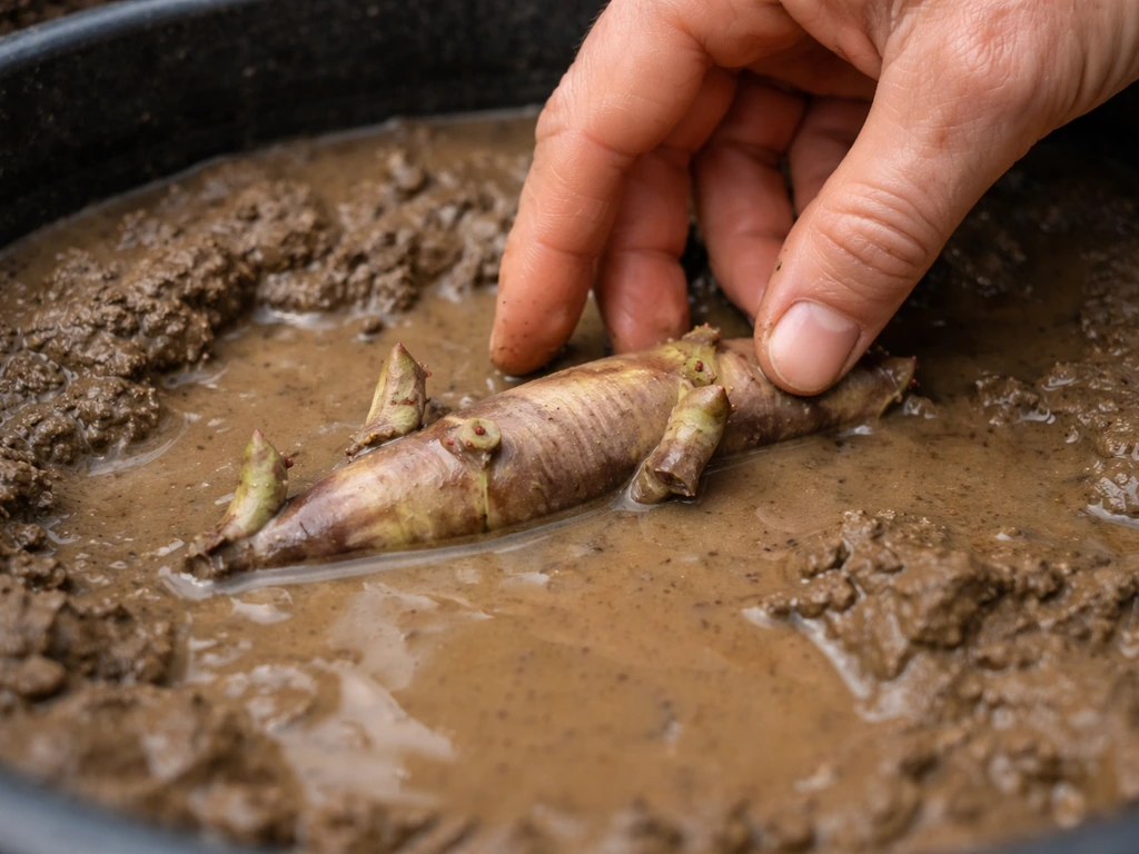 Gardener’s fingers placing a lotus tuber into wet clay-rich soil in a container